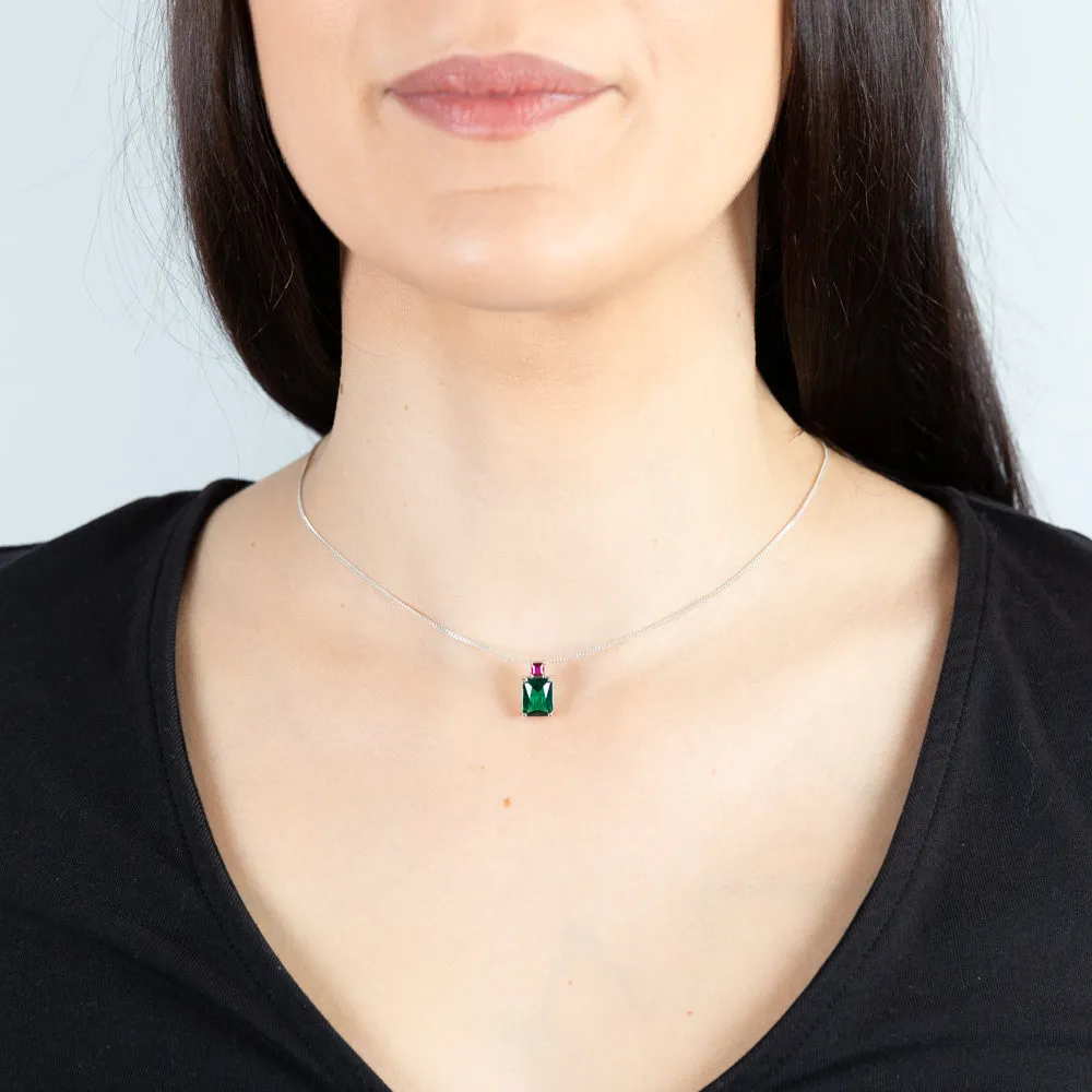 Sterling Silver Rhodium Plated Green And Pink Square Cubic Zirconia Pendant Shiels