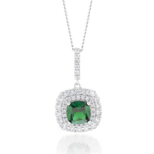 Sterling Silver Rhodium Plated Green And White Cushion Pendant Shiels