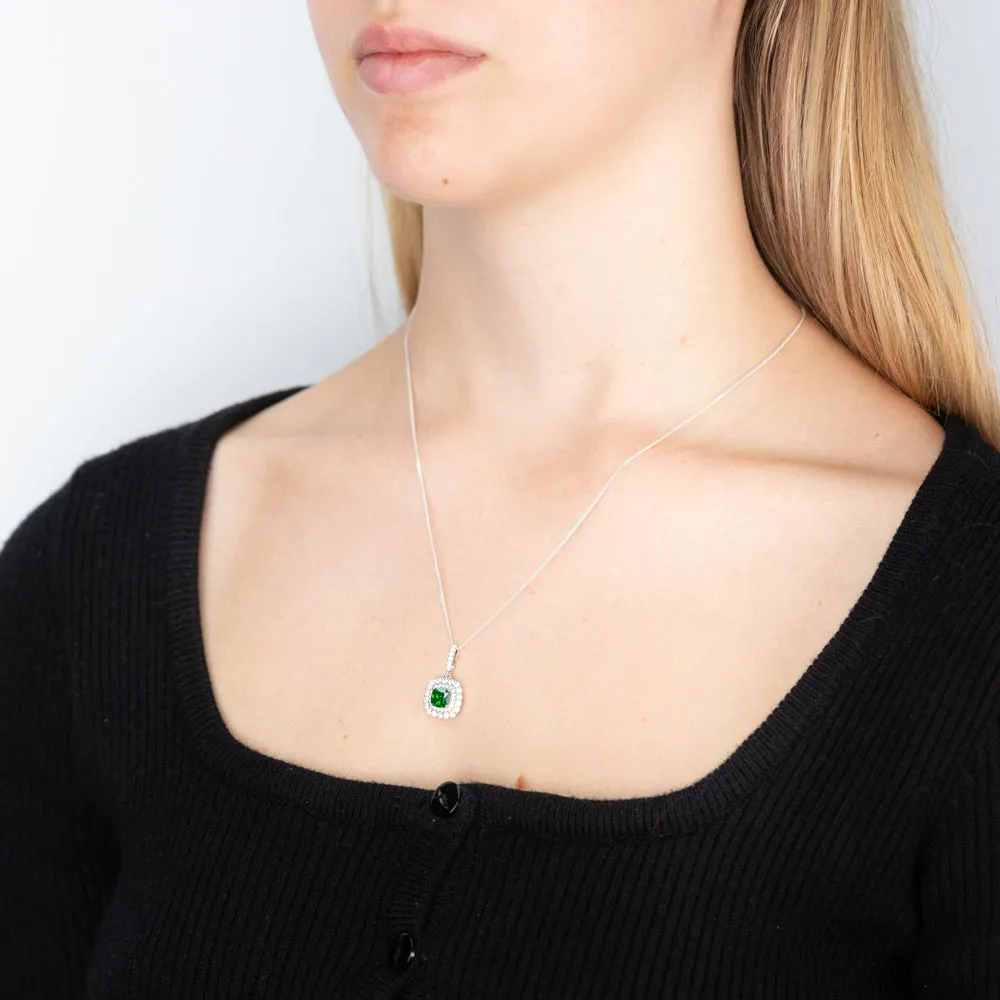 Sterling Silver Rhodium Plated Green And White Cushion Pendant Shiels