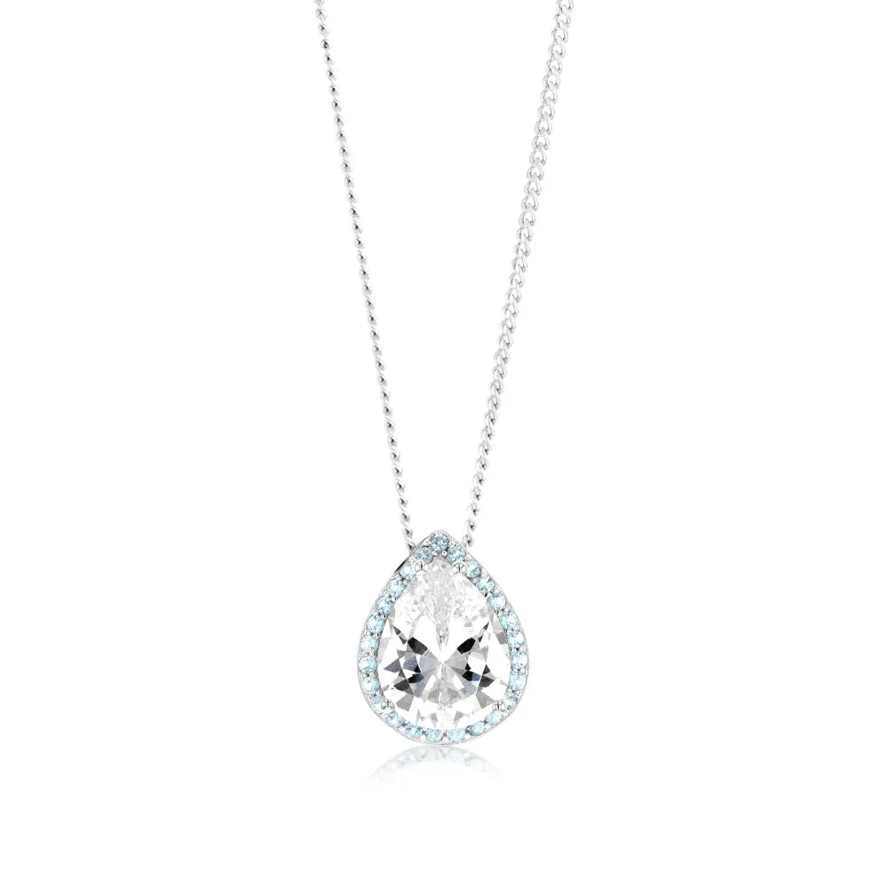 Sterling Silver Rhodium Plated Pear Shaped Light Blue And White Zirconia Pendant Shiels