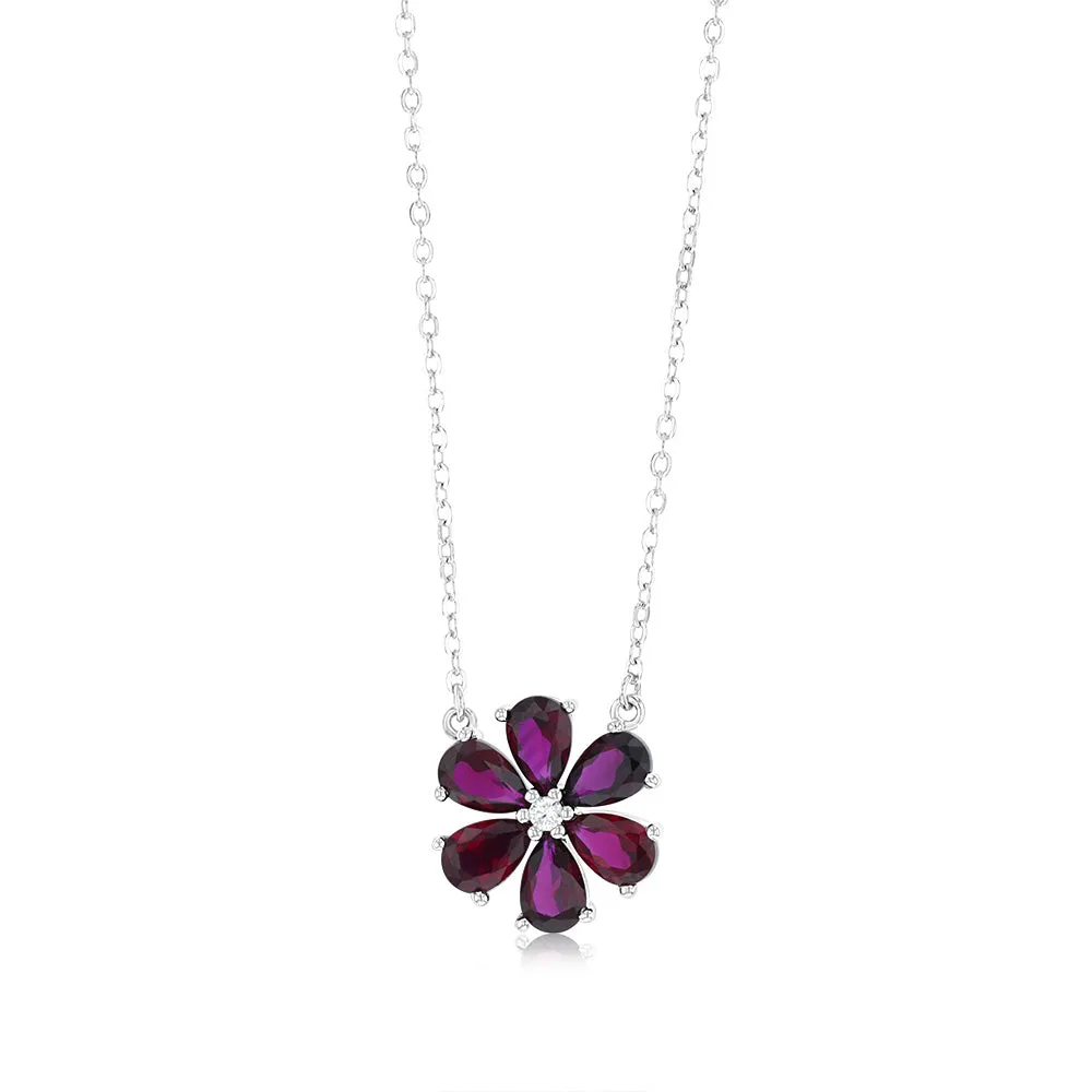 Sterling Silver Rhodium Plated Red Cubic Zirconia Flower Pendant On Chain Shiels