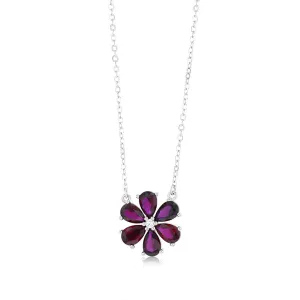 Sterling Silver Rhodium Plated Red Cubic Zirconia Flower Pendant On Chain Shiels