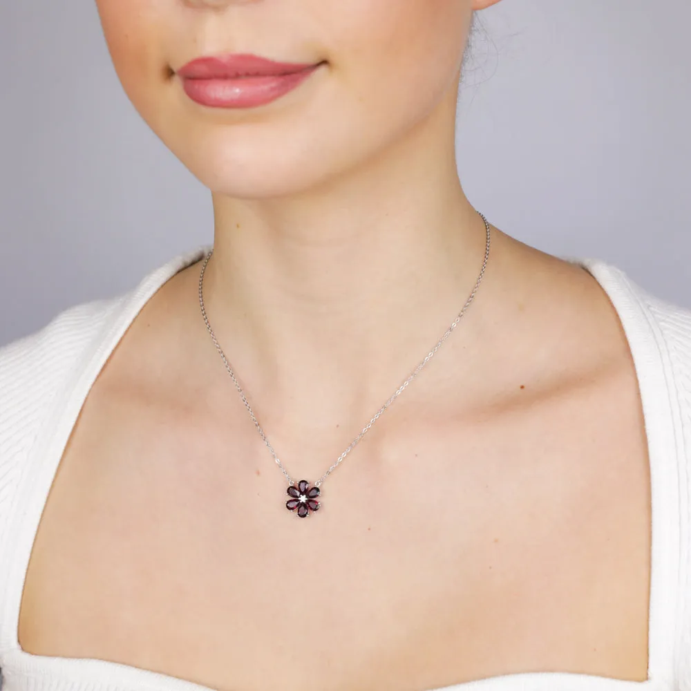 Sterling Silver Rhodium Plated Red Cubic Zirconia Flower Pendant On Chain Shiels