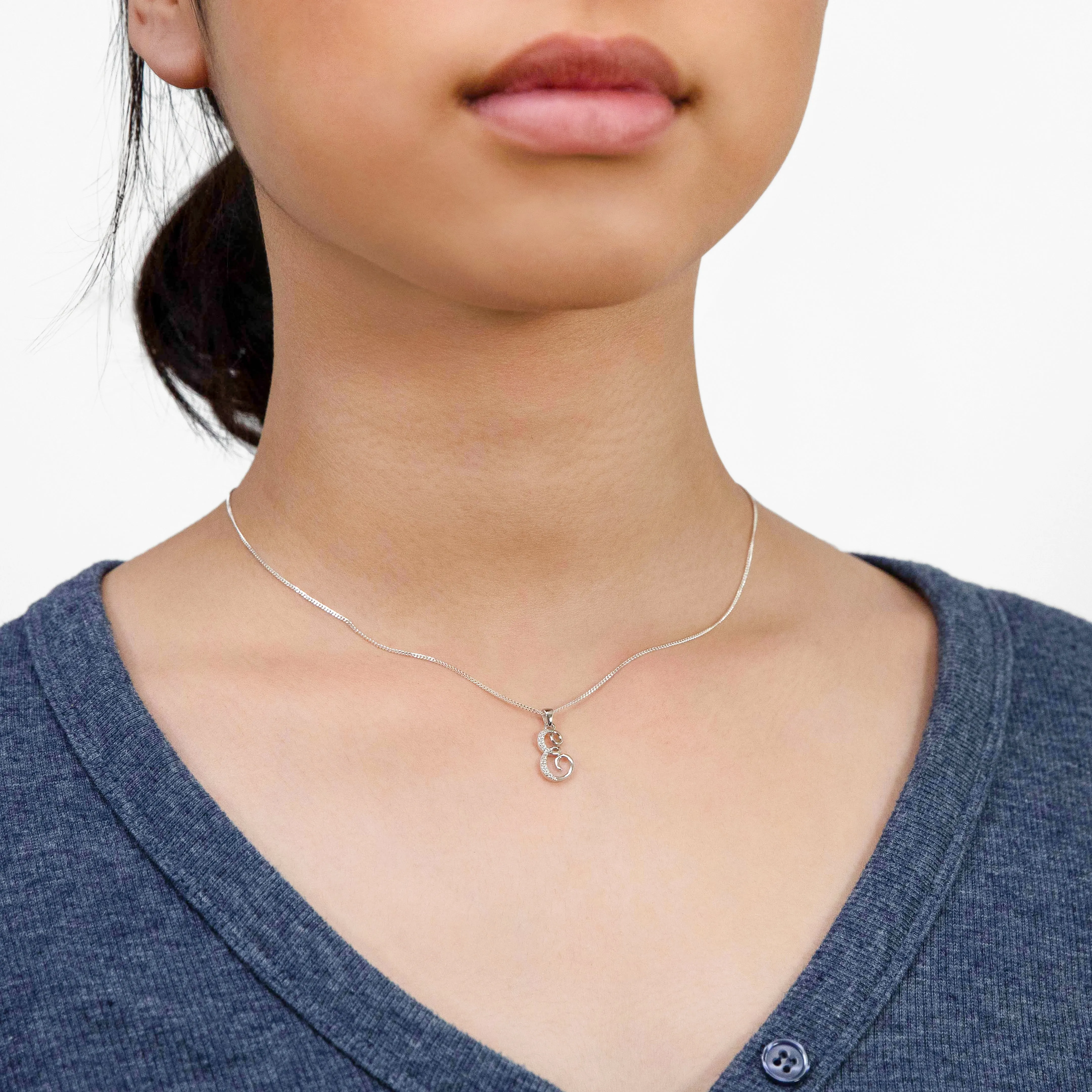 Sterling Silver Rhodium Plated Script "E" Initial Pendant Shiels