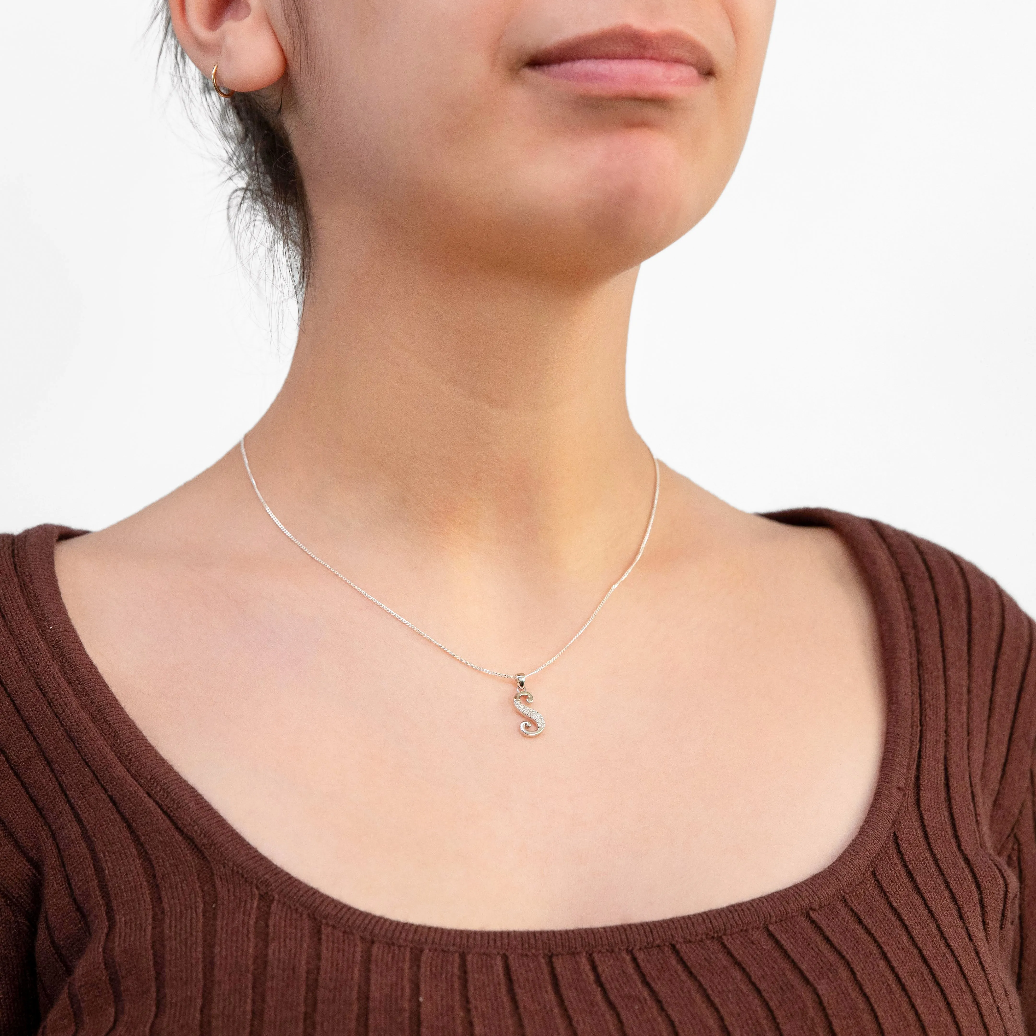 Sterling Silver Rhodium Plated Script "S" Initial Pendant Shiels