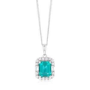Sterling Silver Rhodium Plated White And Emerald Green Cubic Zirconia Rectangle Pendant Shiels