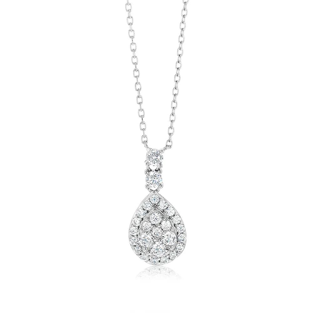 Sterling Silver Rhodium Plated White Cubic Zirconia Pear Shaped Pendant On chain Shiels