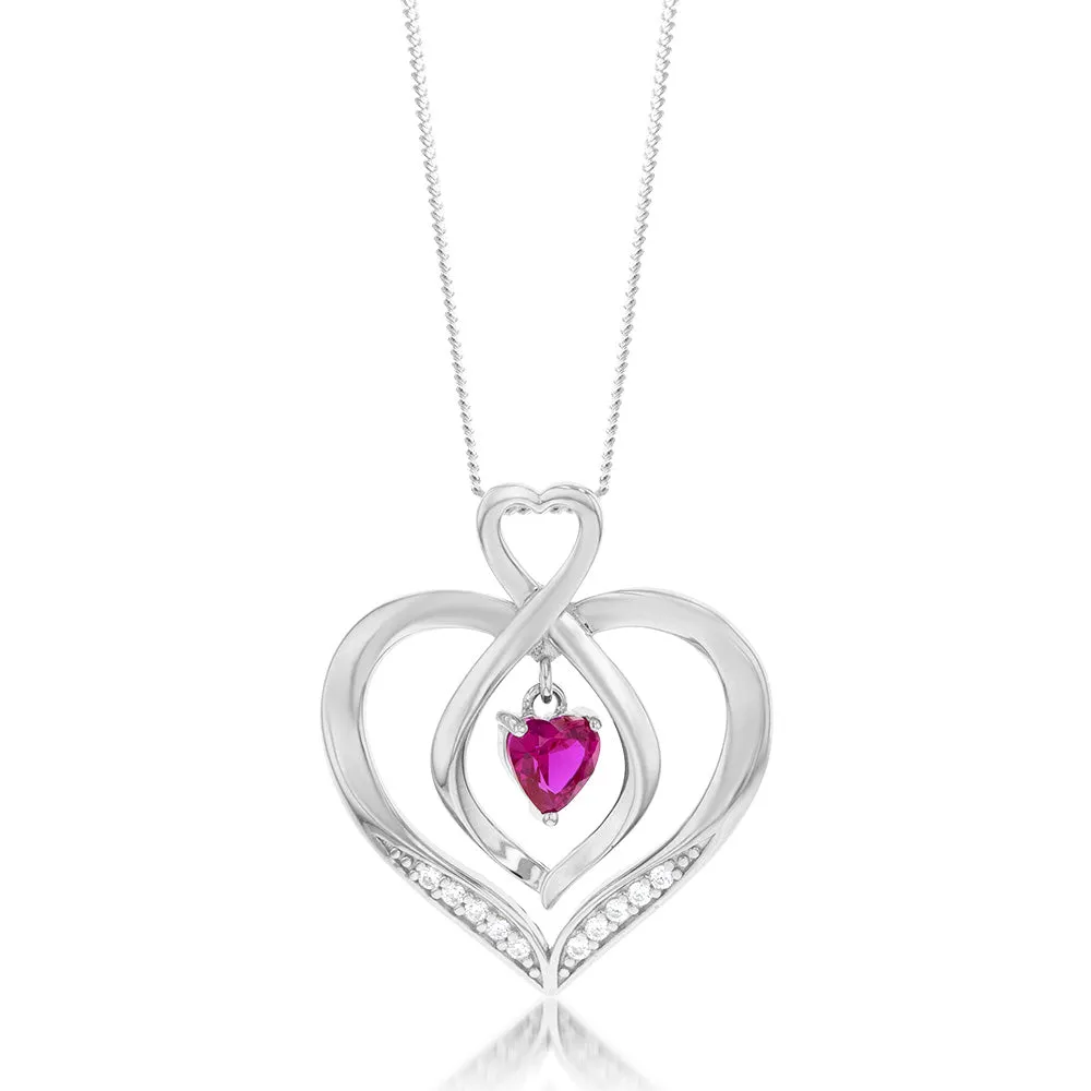Sterling Silver Rhodium Plated White CZ And Created Ruby Infinity On Heart Pendant Shiels