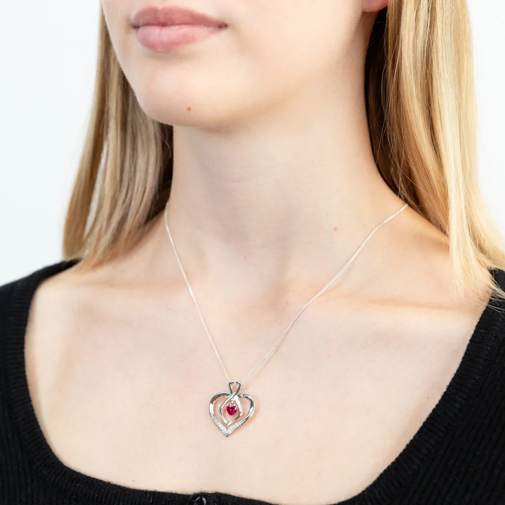 Sterling Silver Rhodium Plated White CZ And Created Ruby Infinity On Heart Pendant Shiels