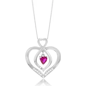 Sterling Silver Rhodium Plated White CZ And Created Ruby Infinity On Heart Pendant Shiels