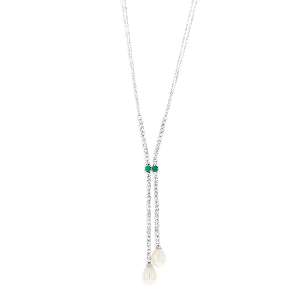 Sterling Silver Rhodium Plated Zirconia And 7.5-8mm Oval Fresh Water Pearl Pendant On Chain Shiels