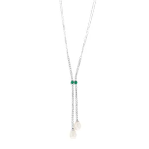 Sterling Silver Rhodium Plated Zirconia And 7.5-8mm Oval Fresh Water Pearl Pendant On Chain Shiels
