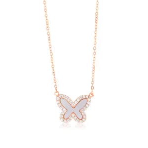 Sterling Silver Rose Gold Plated Cubic Zirconia Pink Shell Pearl Butterfly Pendant On Chain Shiels