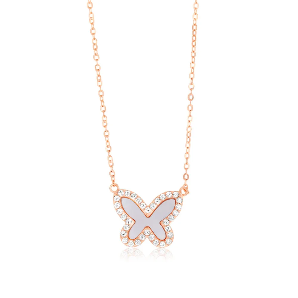 Sterling Silver Rose Gold Plated Cubic Zirconia Pink Shell Pearl Butterfly Pendant On Chain Shiels