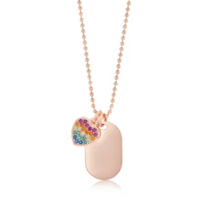 Sterling Silver Rose Gold Plated Dog Tag Multicolour Heart Pendant On 45cm Chain Shiels