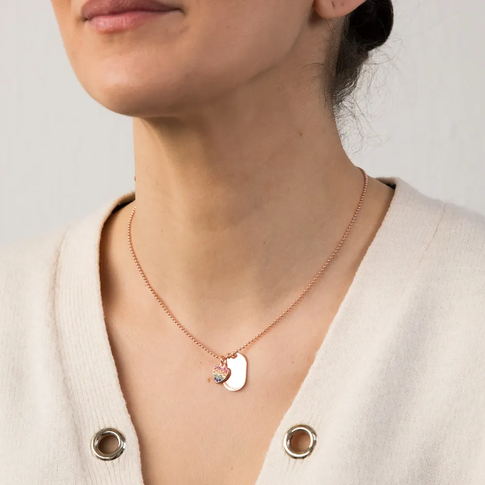 Sterling Silver Rose Gold Plated Dog Tag Multicolour Heart Pendant On 45cm Chain Shiels