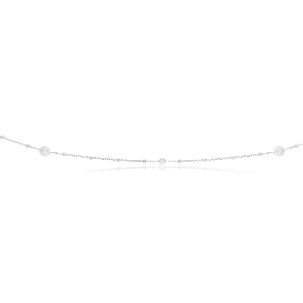Sterling Silver Simulated Pearl, Bead and Zirconia Long Chain 80cm Shiels