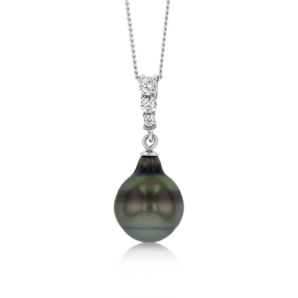 Sterling Silver Tahitian Pearl & Zirconia Pendant Shiels