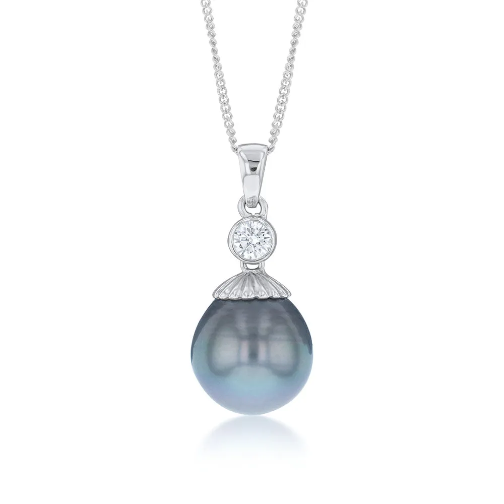 Sterling Silver Tahitian Pearl & Zirconia Pendant with 45cm Sterling Silver Chain Shiels