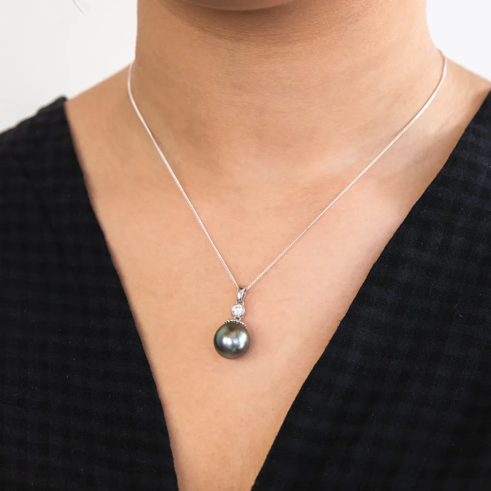 Sterling Silver Tahitian Pearl & Zirconia Pendant with 45cm Sterling Silver Chain Shiels
