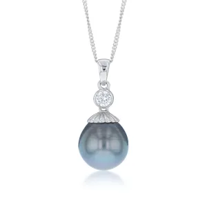 Sterling Silver Tahitian Pearl & Zirconia Pendant with 45cm Sterling Silver Chain Shiels