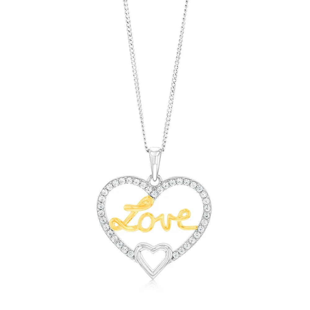 Sterling Silver Two Tone Cubic Zirconia "Love" Heart Pendant Shiels
