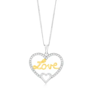 Sterling Silver Two Tone Cubic Zirconia "Love" Heart Pendant Shiels