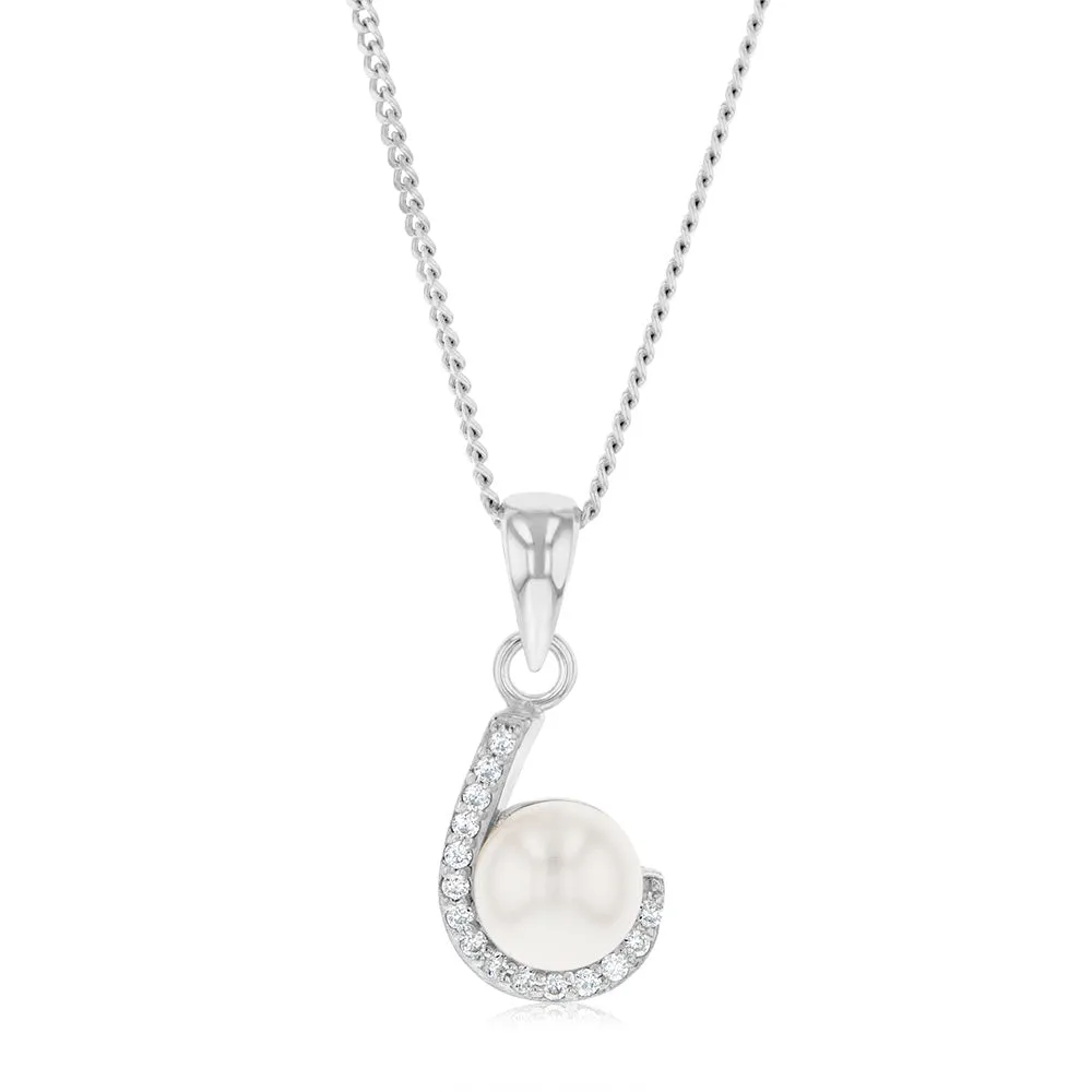 Sterling Silver Zirconia And Simulated Pearl Fancy Pendant Shiels