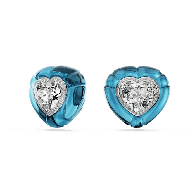 Swarovski Dulcis Clip Earrings Heart cut Pavé Heart Blue Rhodium plated
