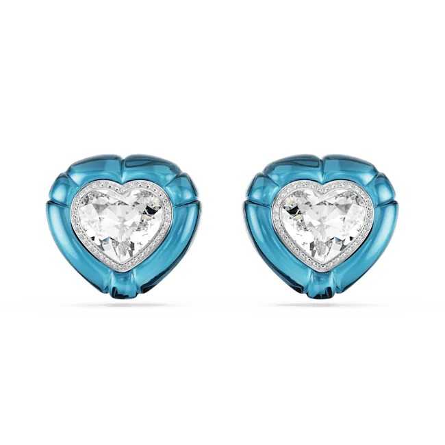 Swarovski Dulcis Clip Earrings Heart cut Pavé Heart Blue Rhodium plated