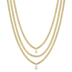 THREE LAYERED CHAIN CUBAN LINK NECKLACE WITH TWO ROUND DIAMONDS Anita Ko