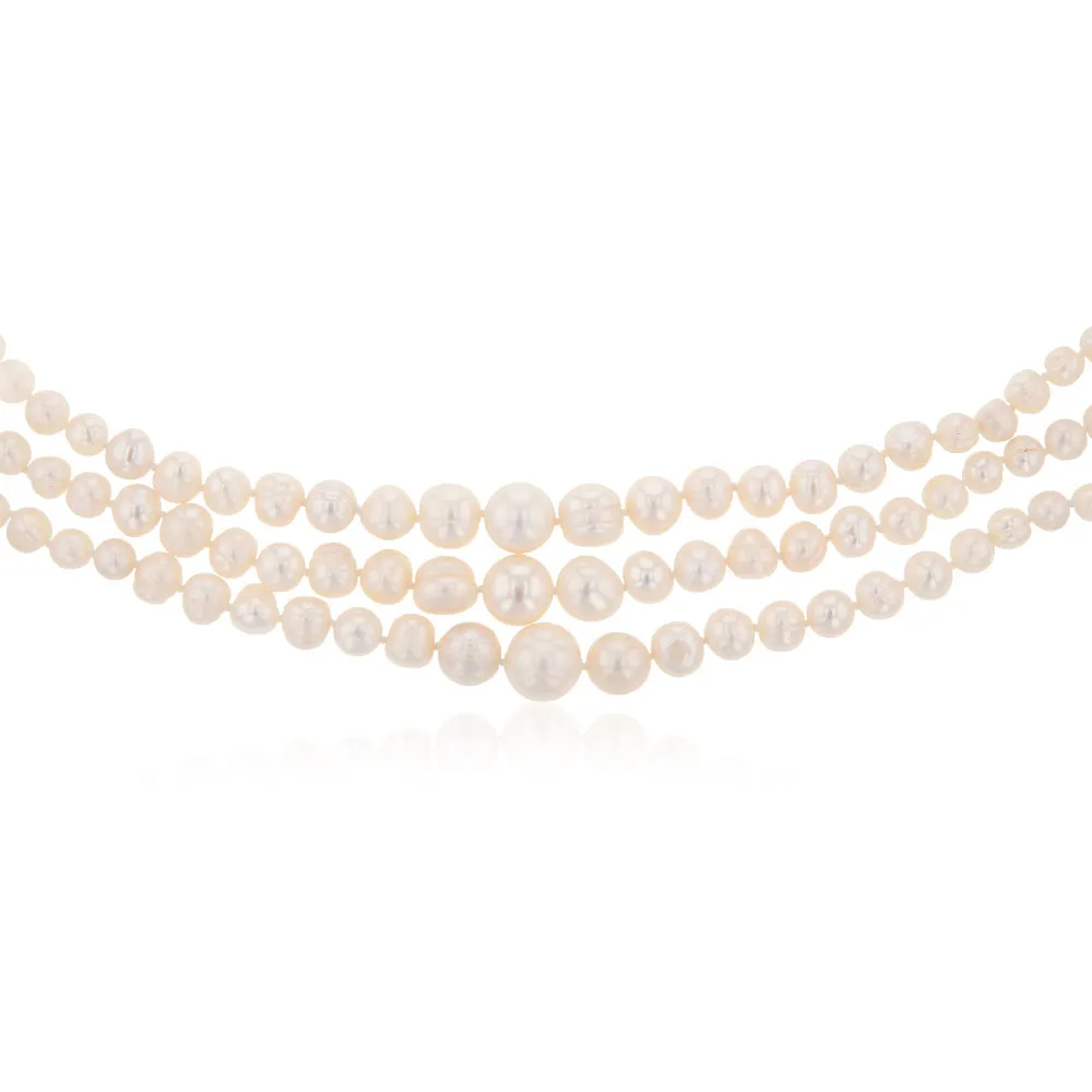 Three Layered Graduated Potato Shaped Pearl Necklace 46cm With Silver Clasp Shiels