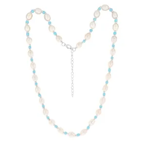 White Freshwater Pearl 42-47cm Adjustable Chain with Blue & Silver Beads in Sterling Silver Shiels