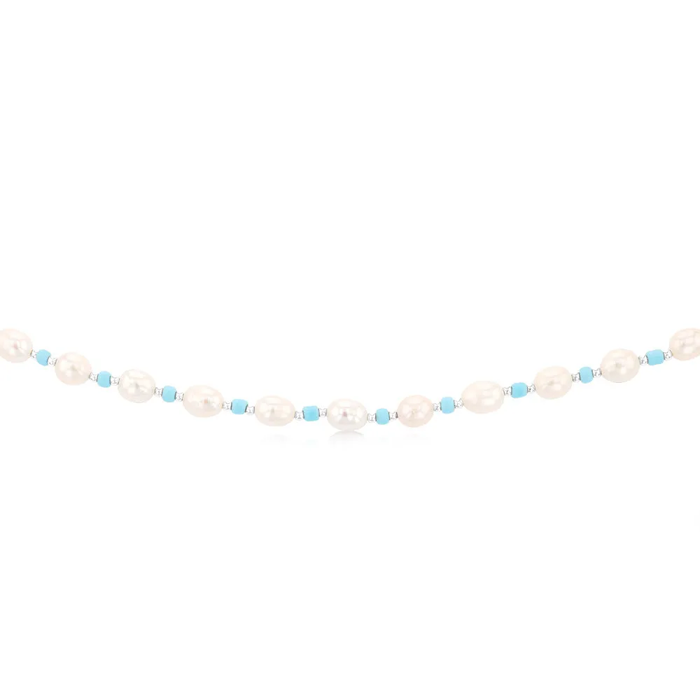 White Freshwater Pearl 42-47cm Adjustable Chain with Blue & Silver Beads in Sterling Silver Shiels