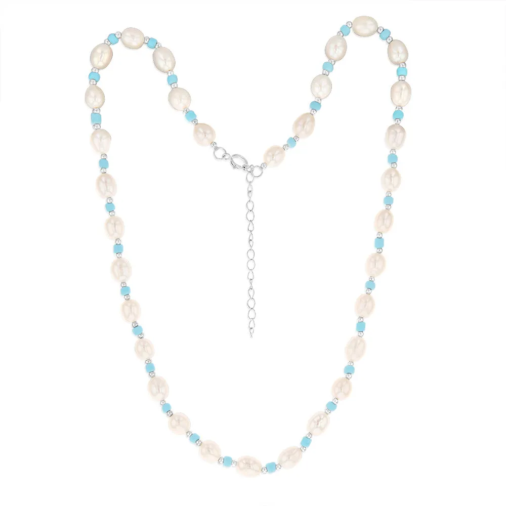 White Freshwater Pearl 42-47cm Adjustable Chain with Blue & Silver Beads in Sterling Silver Shiels
