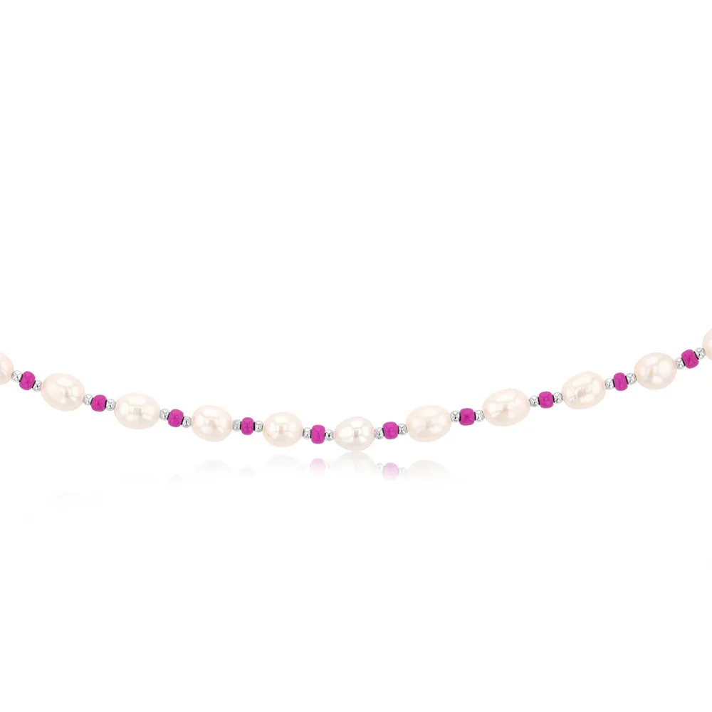 White Freshwater Pearl Chain with Pink & Silver Beads in Sterling Silver Shiels