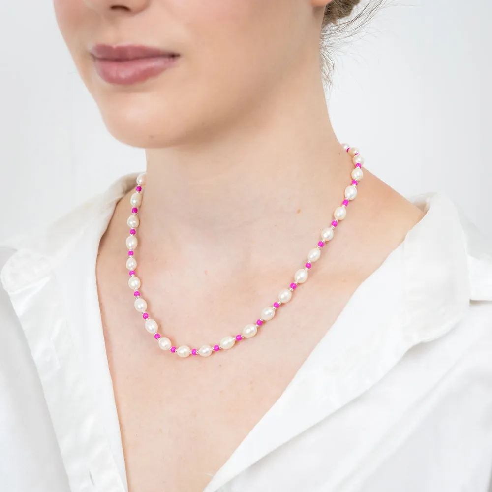 White Freshwater Pearl Chain with Pink & Silver Beads in Sterling Silver Shiels