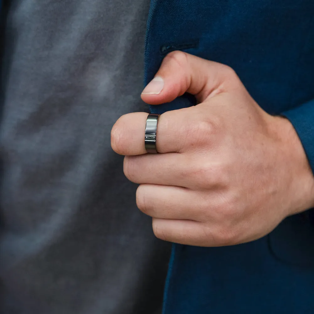 Zirconium Ring with 3 Brilliant Cut Black Diamond Shiels